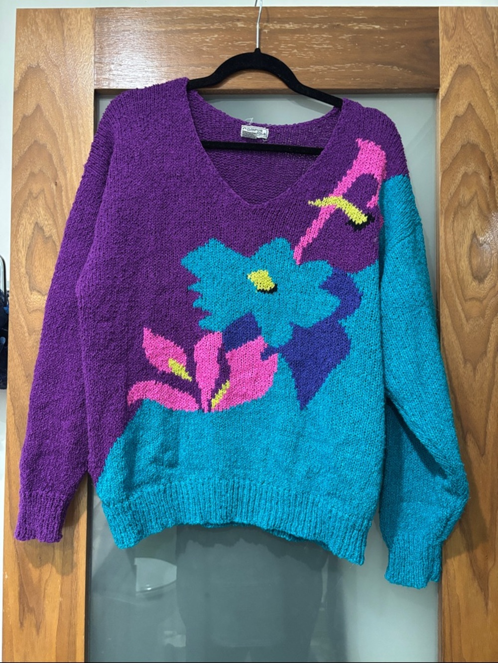 Vintage Vibrant Purple & Teal Floral V-Neck Sweater